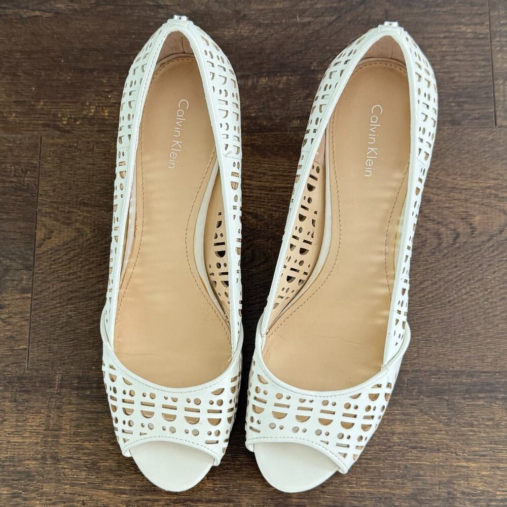 Calvin Klein Leather Perforated Peep Toe Low-heeled Pump - Size 10